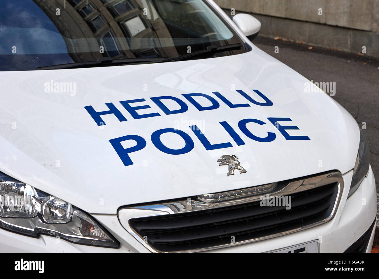 Gales del Sur policía bilingüe heddlu vehículo livery Cardiff Gales Reino Unido Foto de stock
