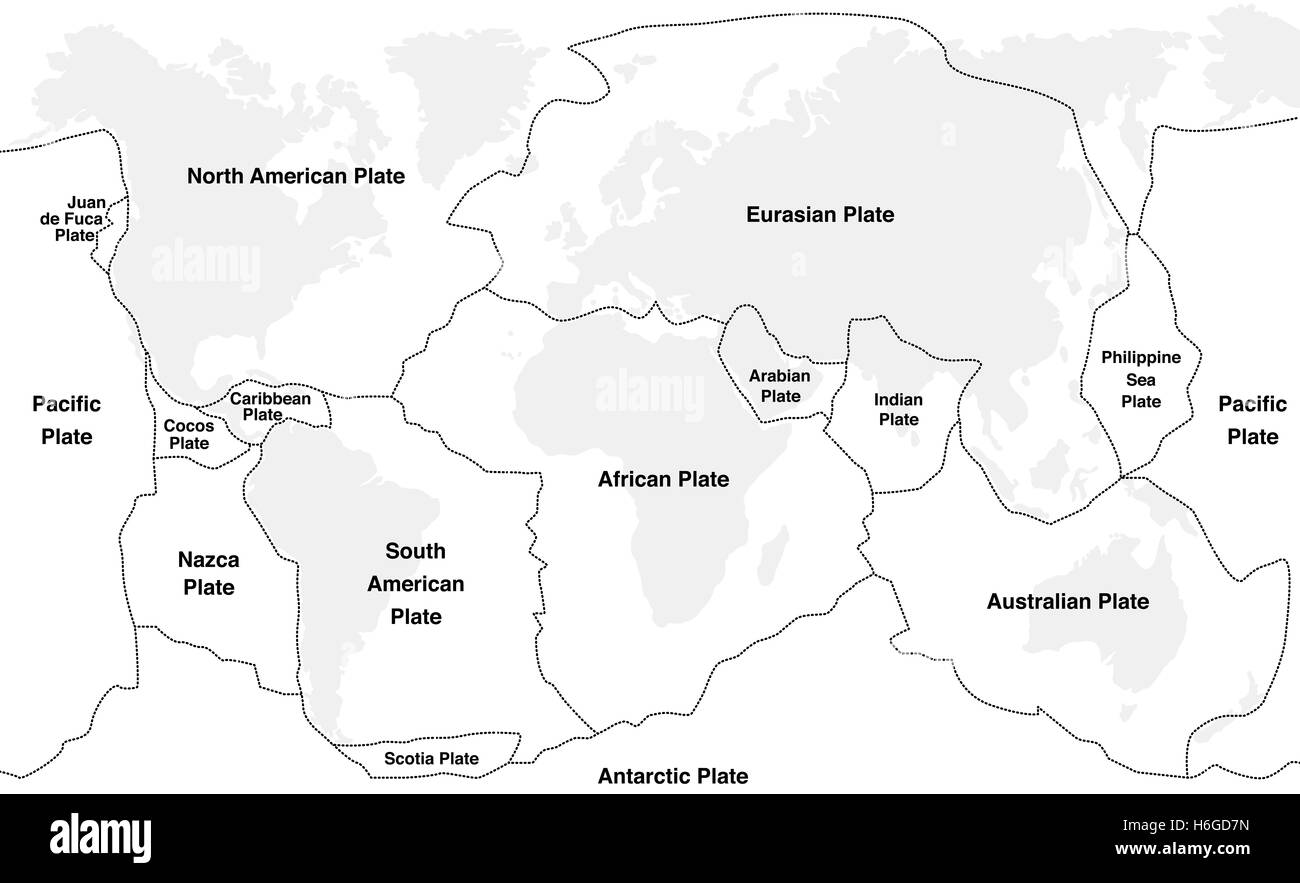 Las placas tectónicas con nombres - mapa del mundo con líneas de falla de  grandes placas de un menor Fotografía de stock - Alamy