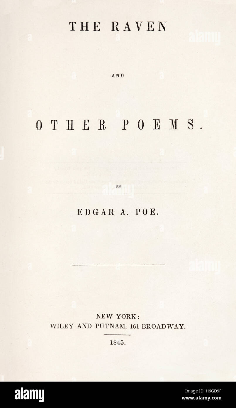Página del título de "El Cuervo" de Edgar Allan Poe (1809-1849), una fotografía de la primera edición, publicada en 1845. Foto de stock