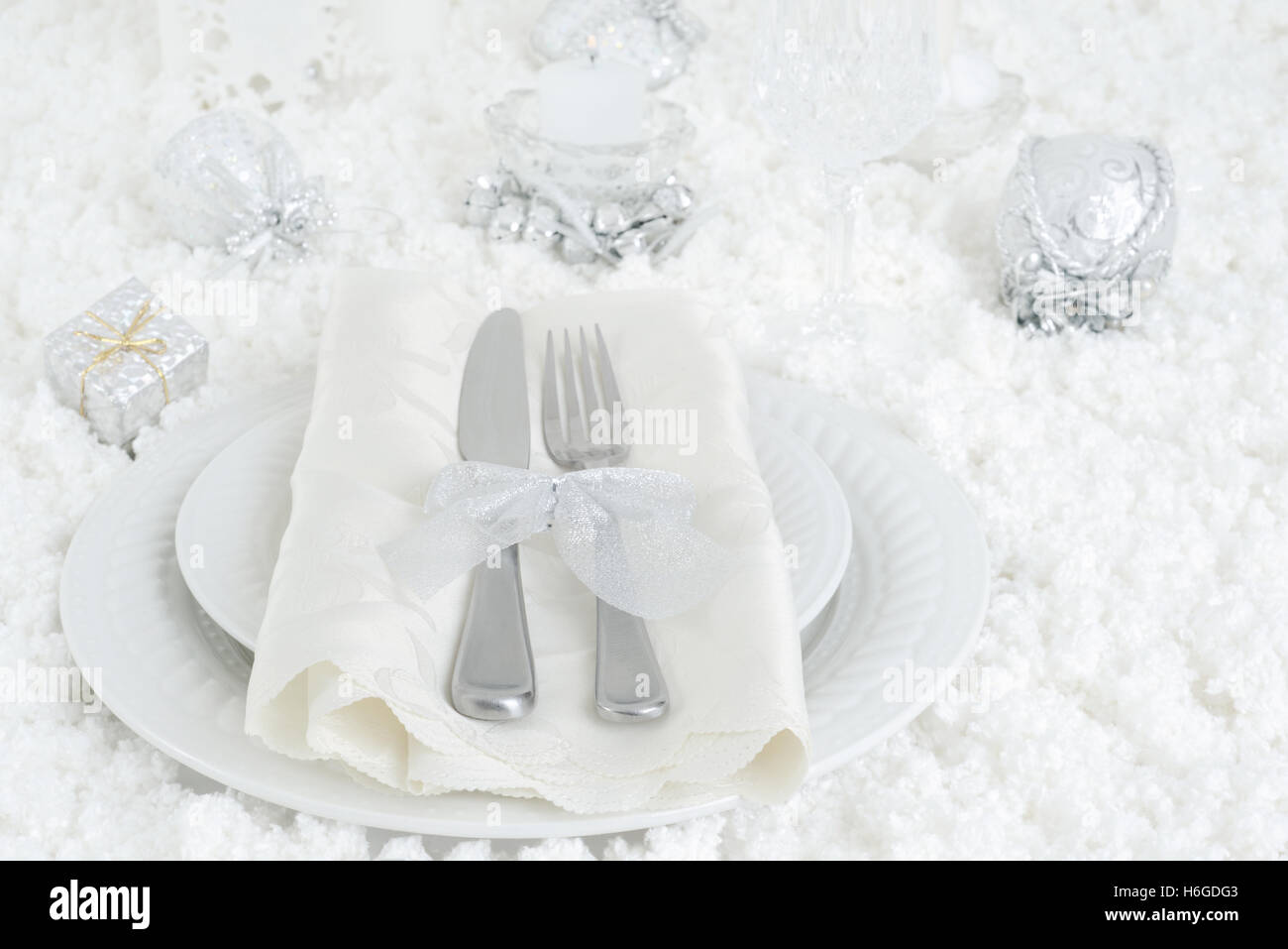 Ajuste de la tabla de cena de nieve de Navidad Foto de stock