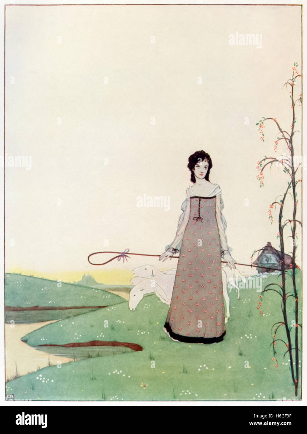"Ella camina - La Señora de mi delicia - una pastora de ovejas." Ilustración por Harry Clarke (1889-1931) para el poema "La Dama de los corderos" por Alice Meynell (1847-1922). Consulte la descripción para obtener más información. Foto de stock