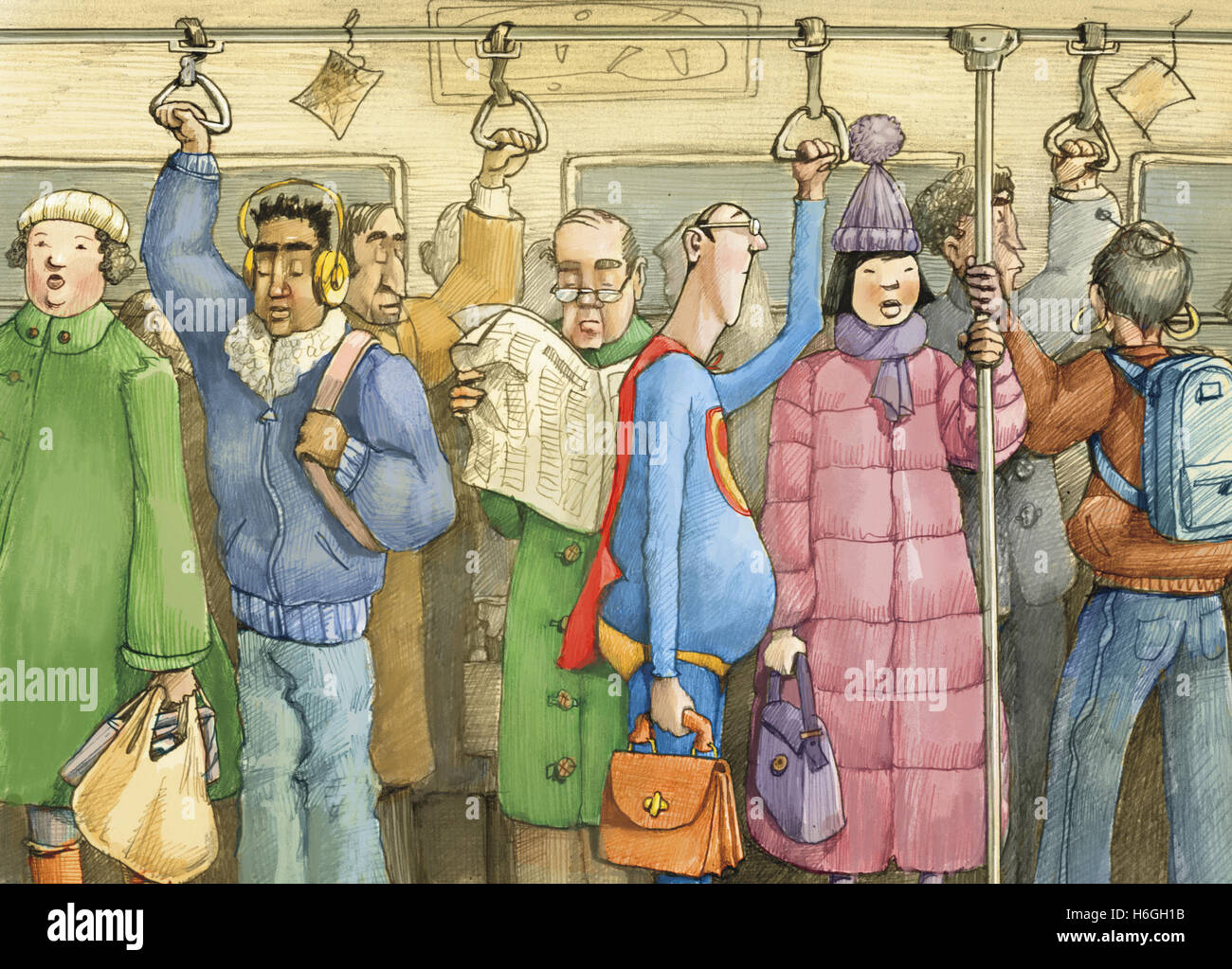 Multitud en hora punta en el metro, héroes de todo tipo Foto de stock