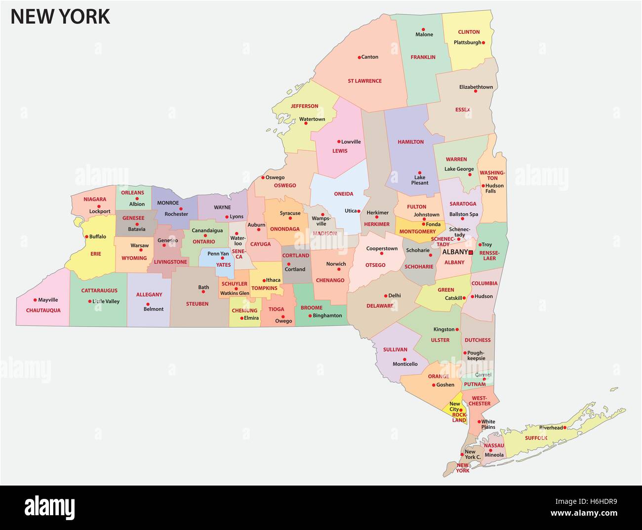 Mapa político y administrativo del estado estadounidense de Nueva York Ilustración del Vector