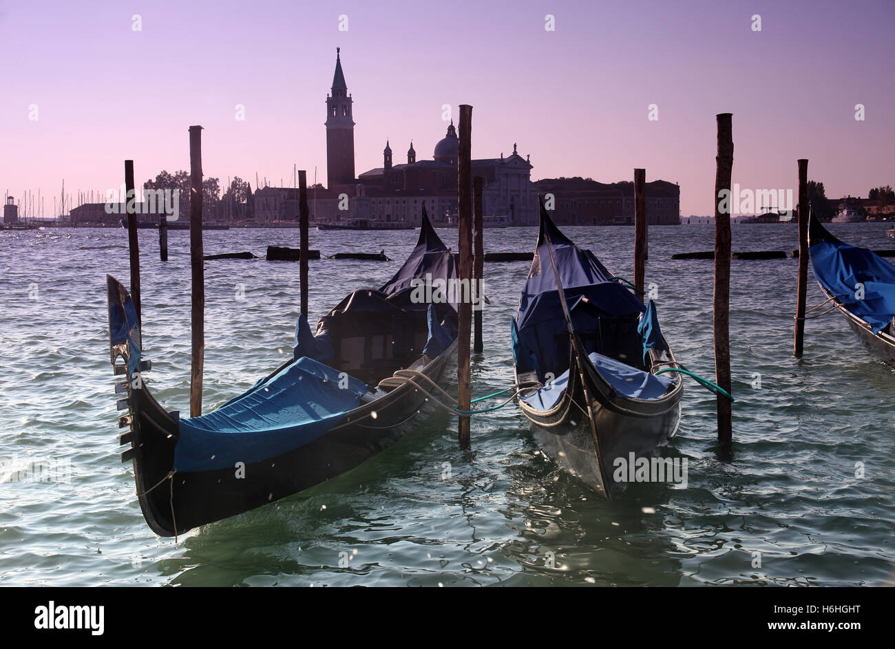 La icónica las góndolas de Venecia Italia amarrado en el Bacino San Marco Fotografía de stock