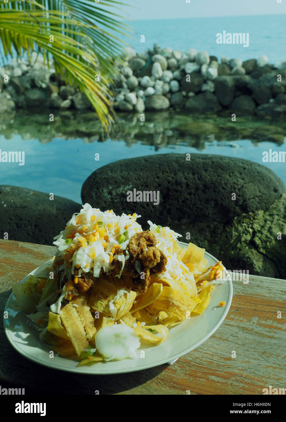 Frito comida típica nicaragüense, fotografiado en Big Corn Island Nicaragua Fotografía de stock