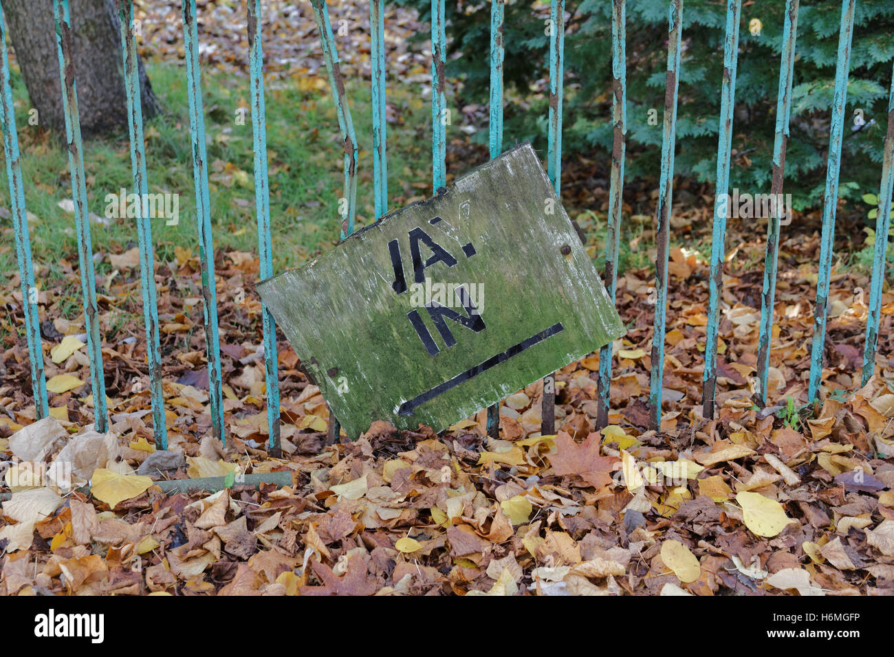 Modo ruinoso en signo barandas con parque verde caído hojas de otoño Foto de stock