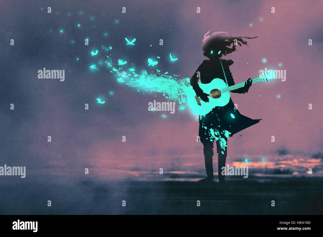 Chica tocando la guitarra con una luz azul y resplandeciente de mariposas, ilustración pintura Foto de stock