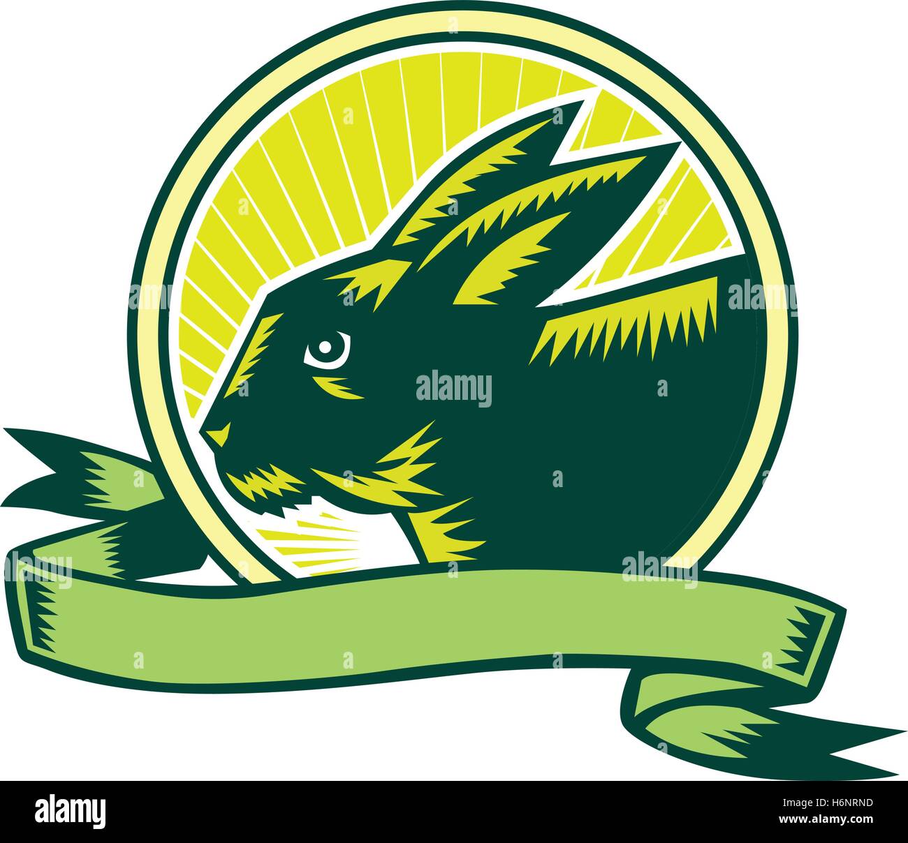 Ilustración de un conejito cabeza visto desde el lado establecer dentro del círculo y cinta con sunburst en el fondo hecho en xilografía estilo retro. Ilustración del Vector