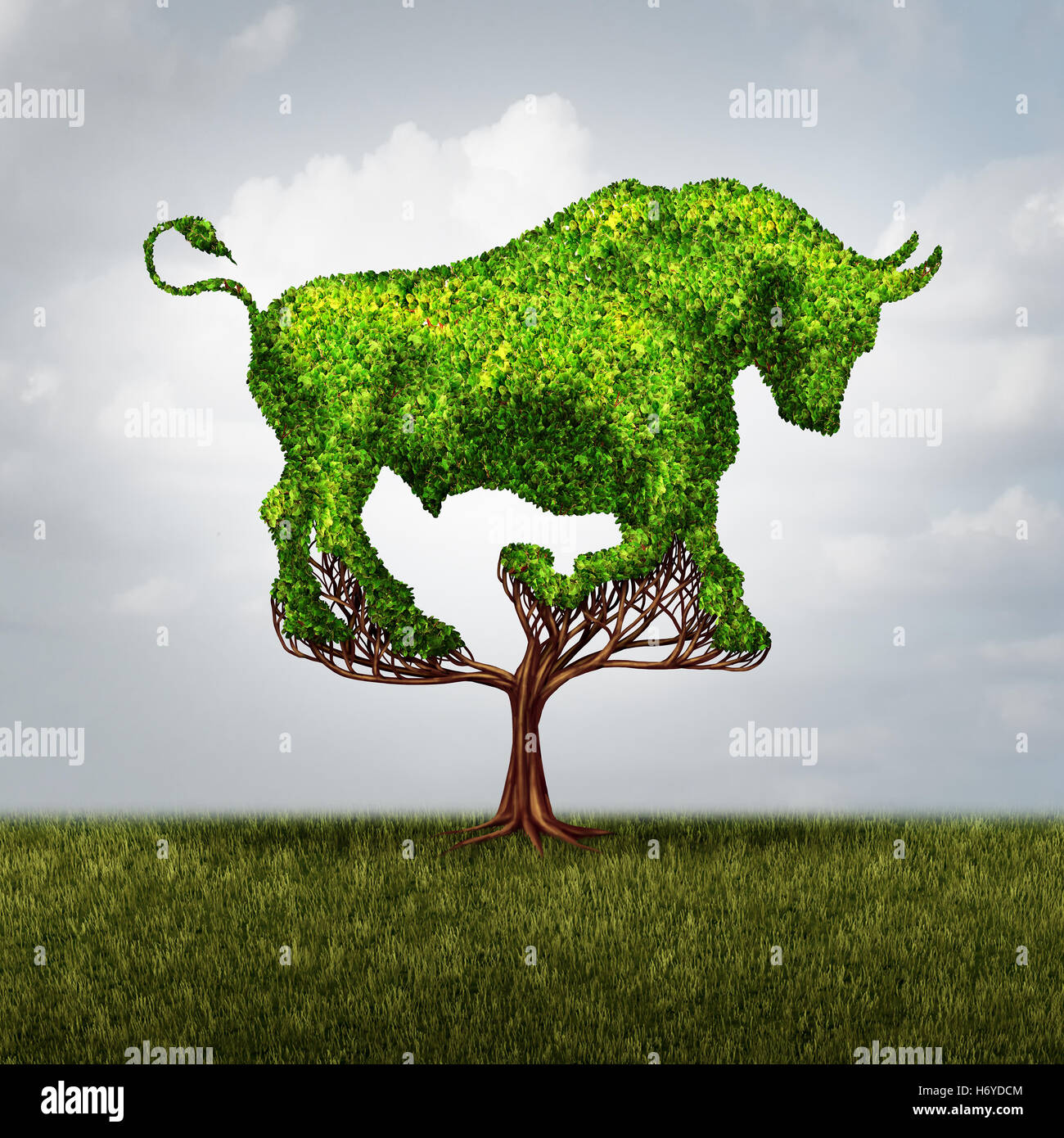 Bull el crecimiento del mercado financiero y de inversión positivo concepto de éxito como una forma de árbol como símbolo de bolsa las ganancias y beneficios ambientales o inversionistas empresariales icono con ilustración 3D elementos. Foto de stock