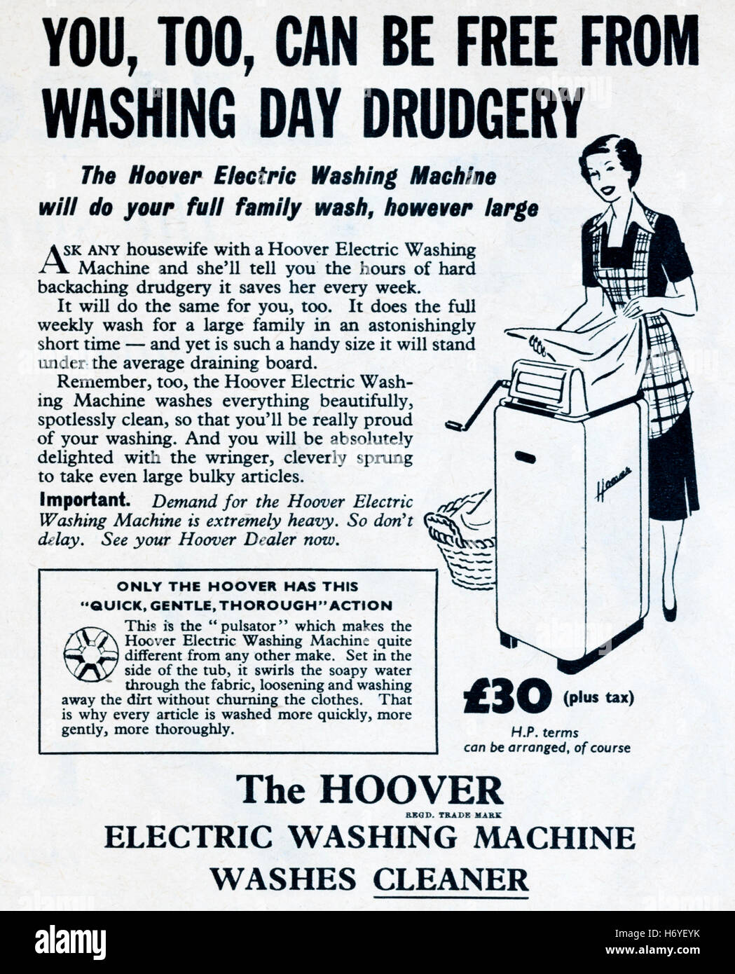 1950 Revista Publicidad publicidad lavadoras Hoover. Foto de stock