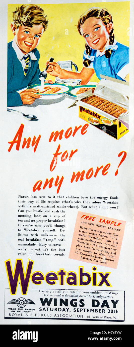 1950 Revista Publicidad publicidad Weetabix cereales para el desayuno. Incluso apelar a la gente a dar generosamente en las alas del día. Foto de stock