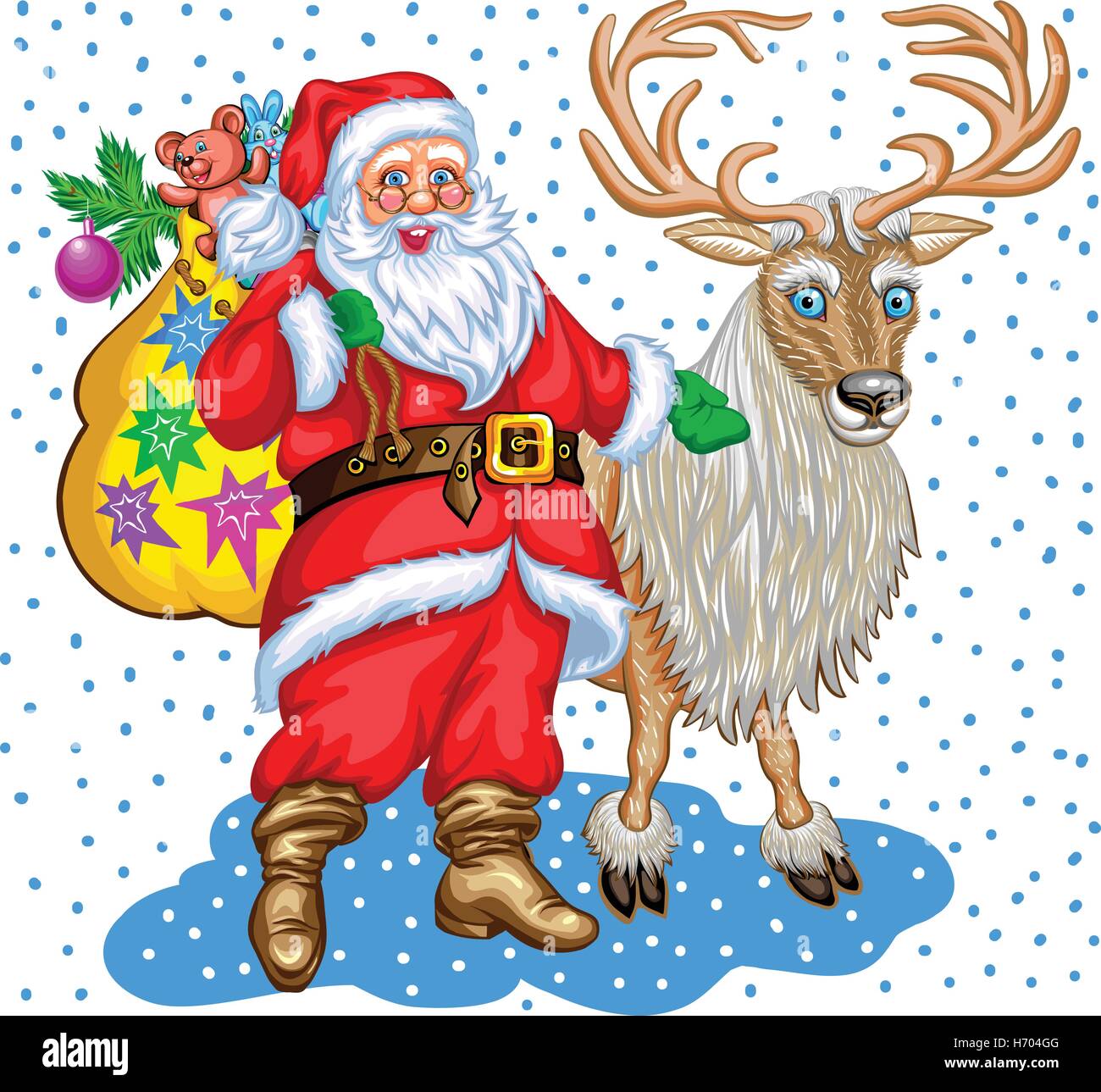 Santa Claus con bolsa de regalos y renos. Ilustración de Navidad Imagen  Vector de stock - Alamy