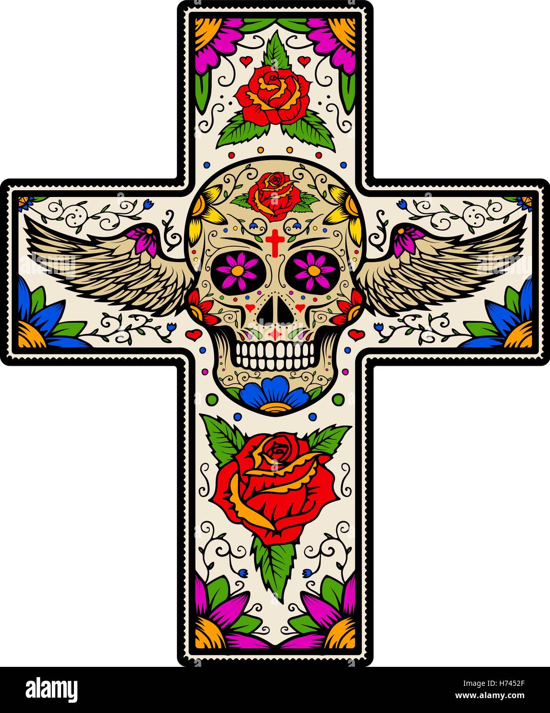 Colorido Cruz con calaveras de azúcar