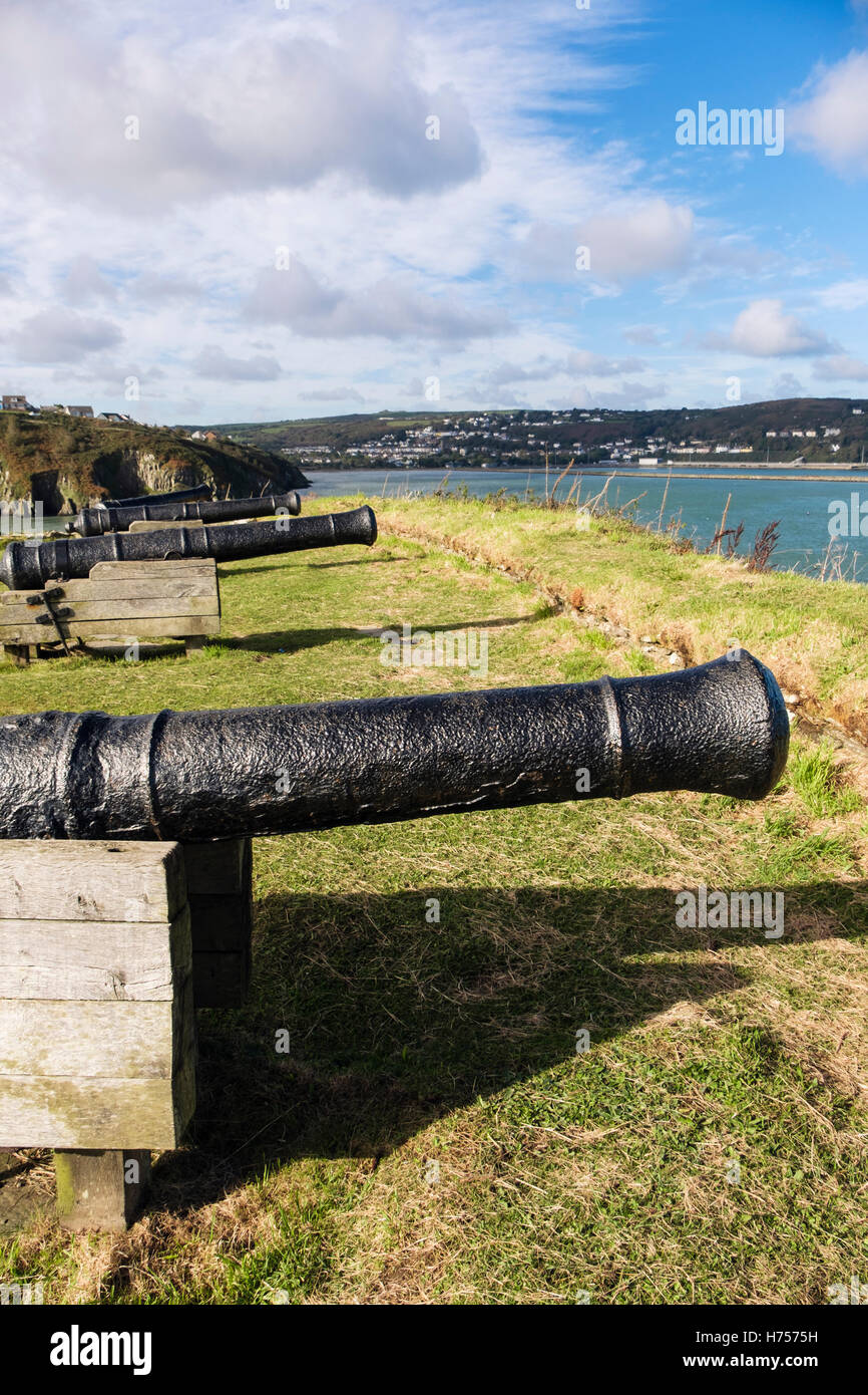 Viejo 9 pounder pistolas en las ruinas de la fortaleza del siglo XVIII 1781 sobre un promontorio con vistas al puerto. Fishguard, Pembrokeshire (Gales, Reino Unido, Gran Bretaña Foto de stock