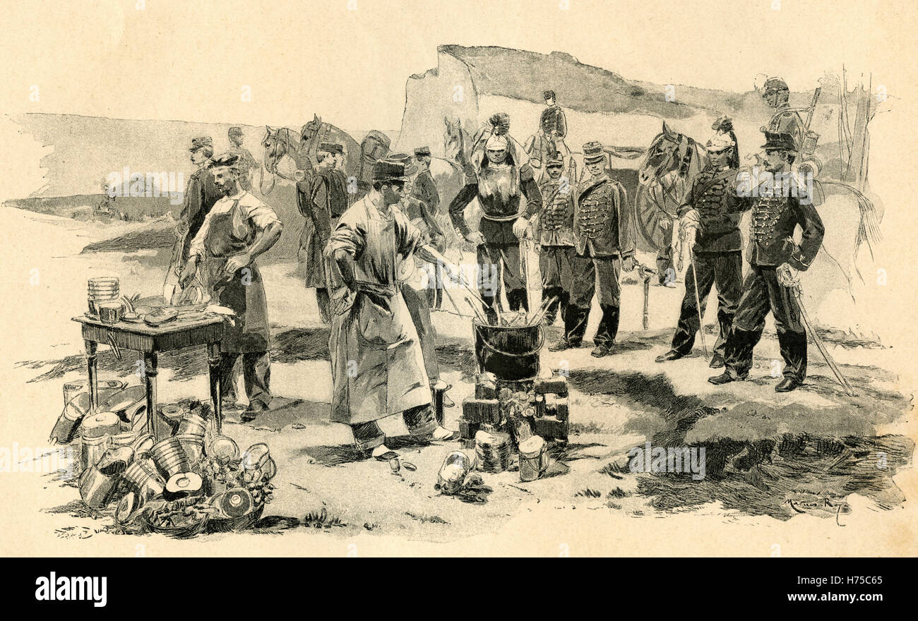 Equipo militar, la cocina, la ilustración de l'Exposition Universelle 1889 Foto de stock