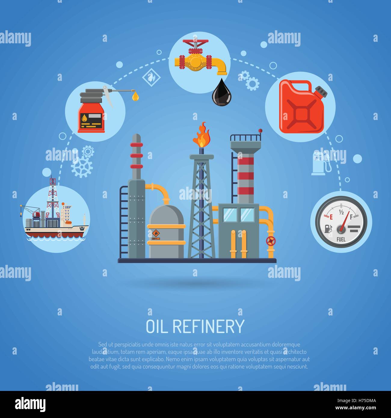 Concepto de la industria petrolera con iconos planas Refinería de extracción  y transporte de petróleo y gasolina con un carguero, un oleoducto y la  fábrica Imagen Vector de stock - Alamy