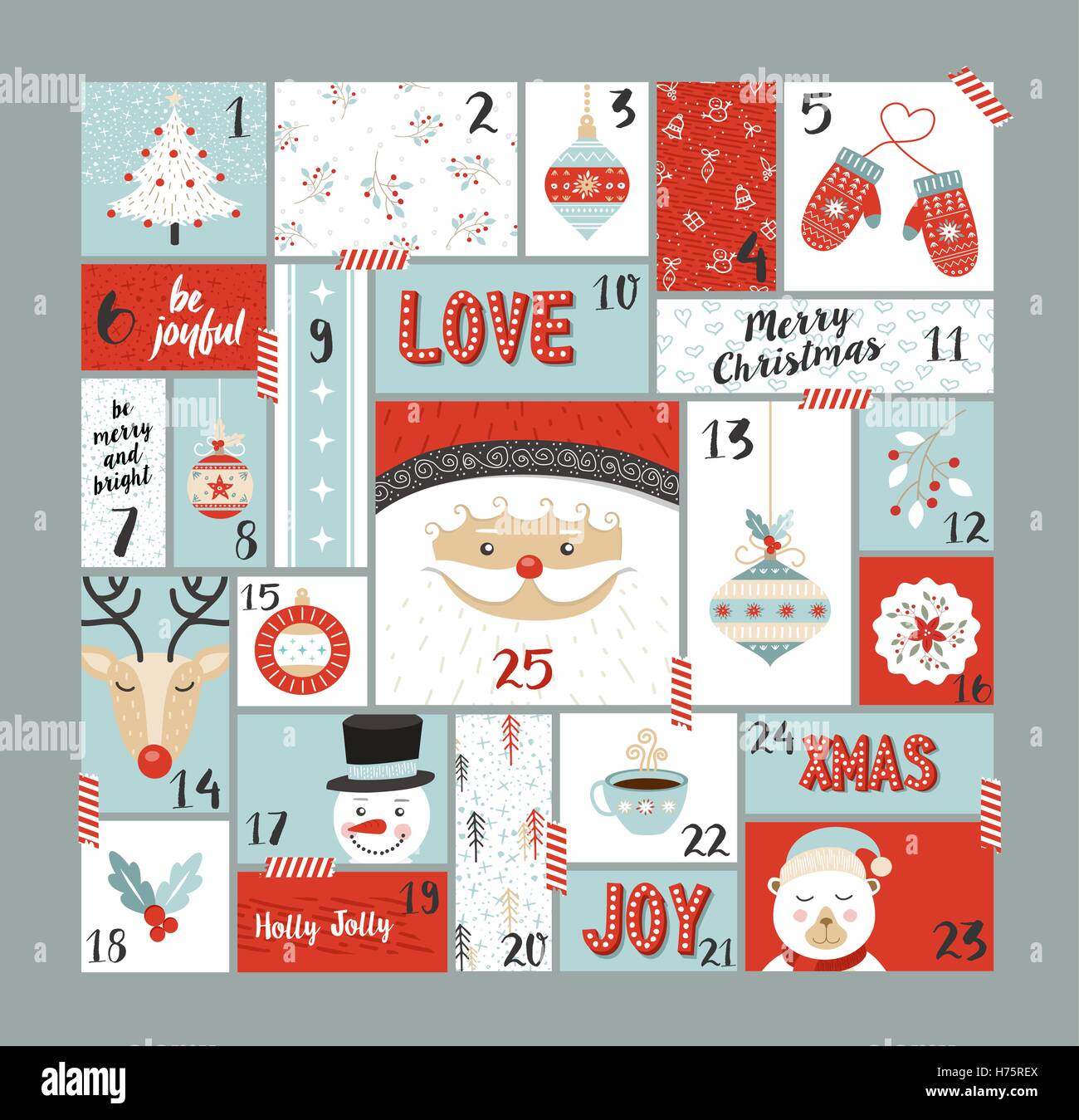 Calendario de adviento lindo Holiday decoración, cuenta regresiva para el día de navidad con Santa Claus, los renos, pinos y alegre temporada Ilustración del Vector
