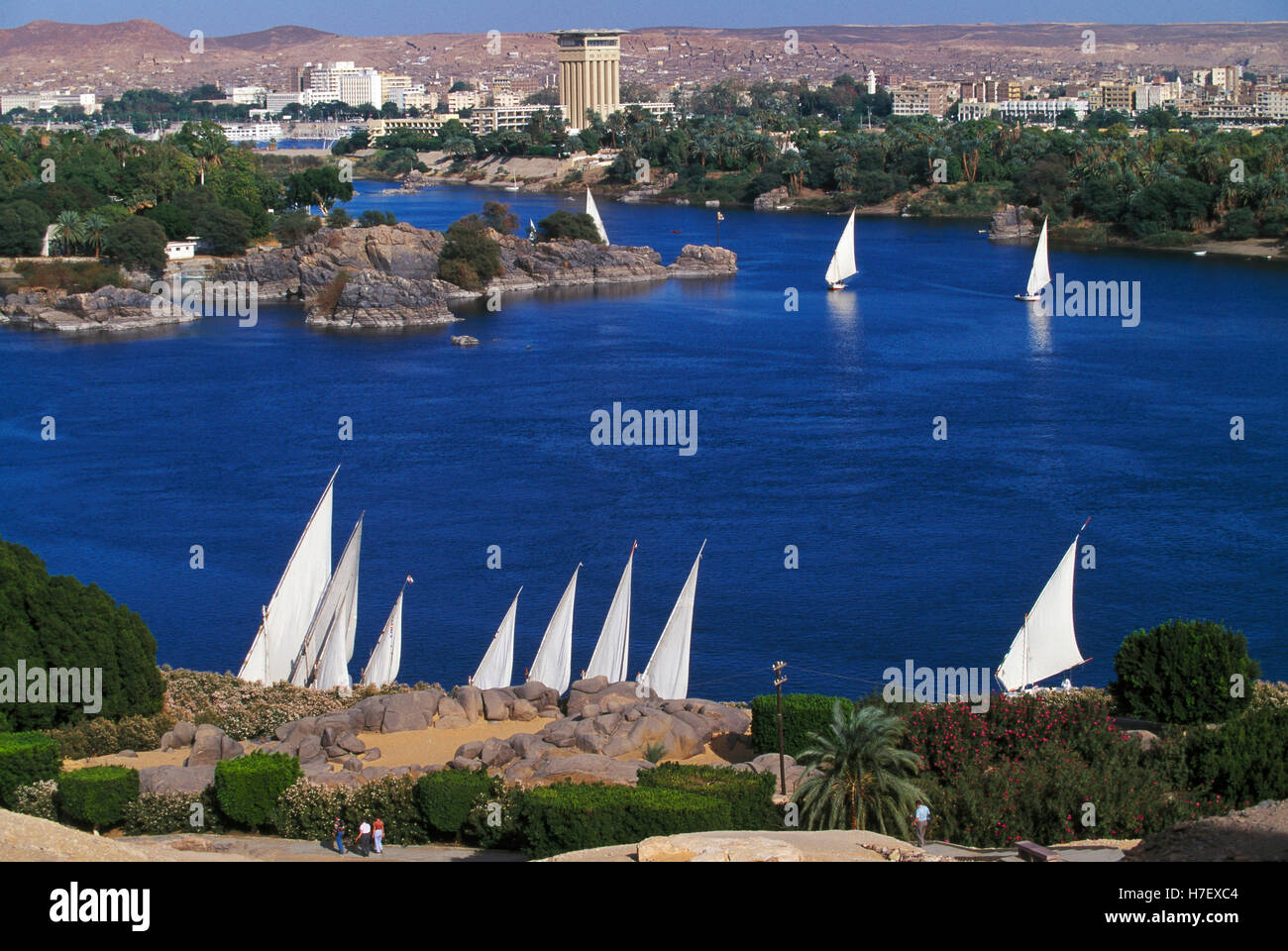 Feluchos en Río Nilo en Asuán, Egipto Foto de stock