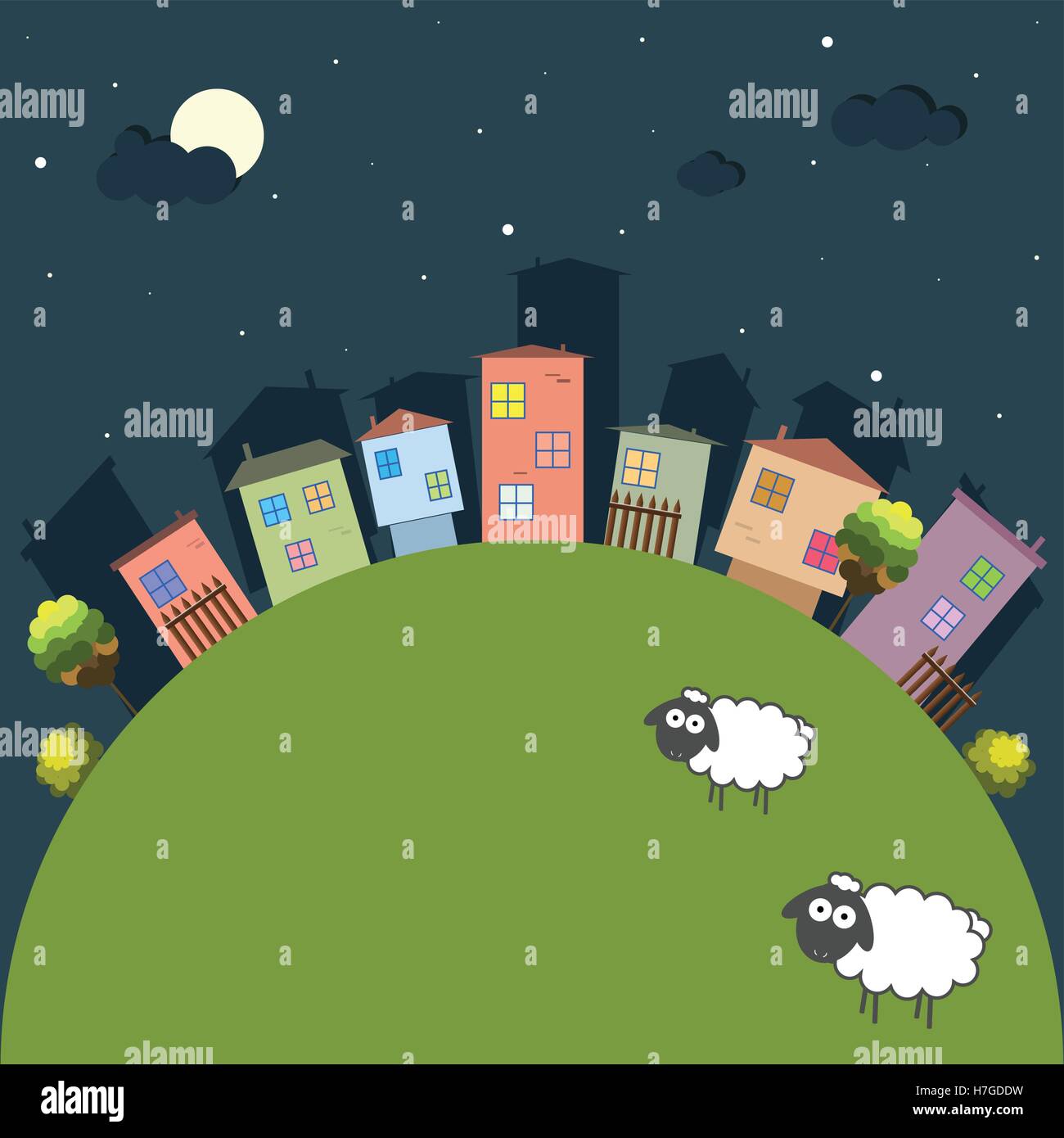 Buenas noches tema con coloridas casas y ovejas Ilustración del Vector
