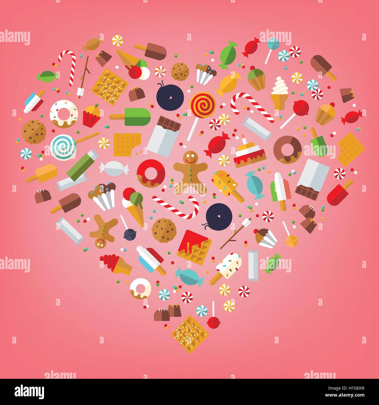 Caramelos, dulces, galletas, paletas, helados y pasteles iconos organizados en forma de corazón sobre fondo de color rosa, diseño plano Ilustración del Vector