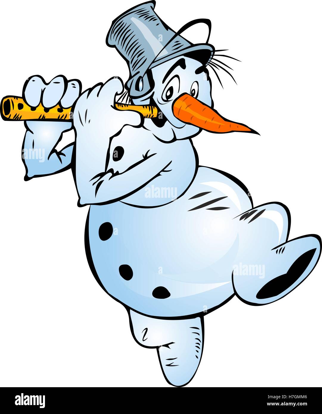 Alegre cartoon snowman con flauta aislado sobre fondo blanco. Ilustración del Vector