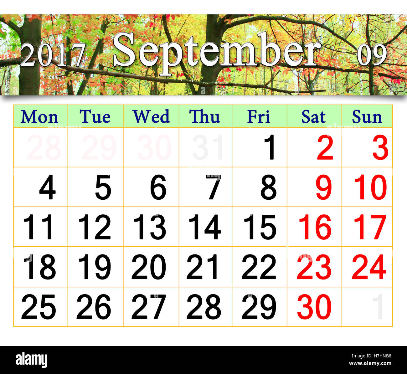 Calendario de septiembre de 2017 con el parque otoñal con verde y amarillo, arces y robles Foto de stock