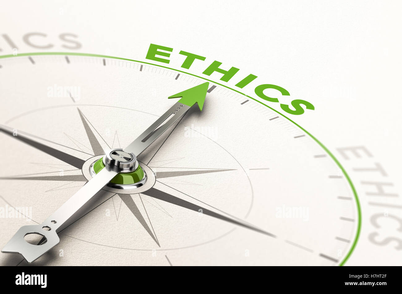 Con la aguja de la brújula apuntando la palabra ética. Ilustración 3d conceptual de la integridad en los negocios y morales Foto de stock