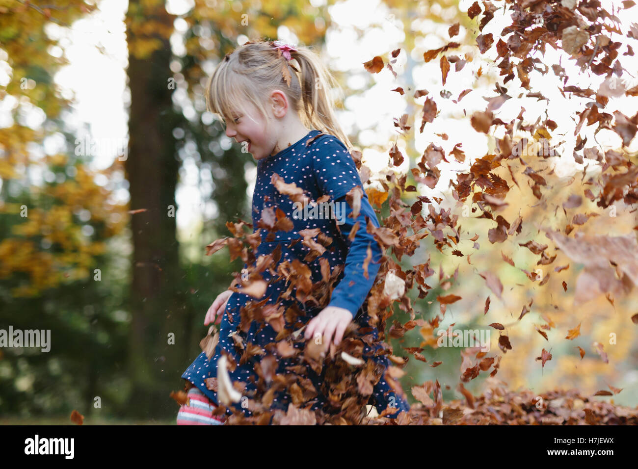 Feliz otoño. Niña jugando en el montón de hojas secas en otoño del parque. Foto de stock