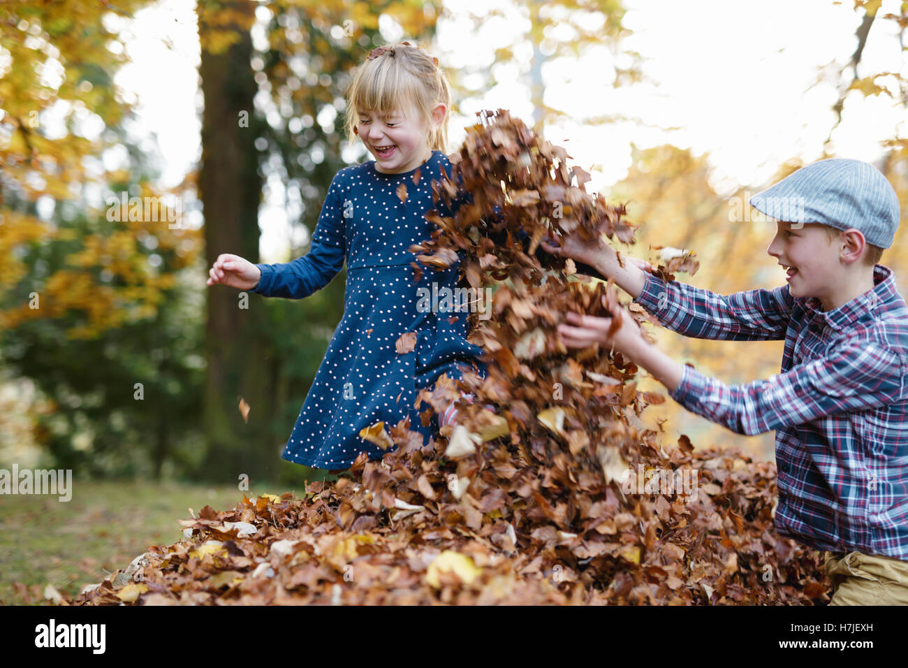 Feliz otoño. Dos niños jugando en el montón de hojas secas en otoño del parque. Foto de stock