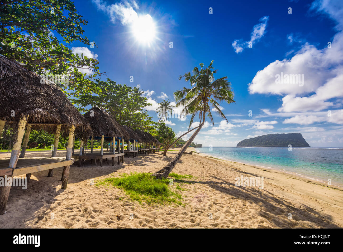 Una playa tropical con palmeras de coco y una playa, Islas Samoa fales Foto de stock