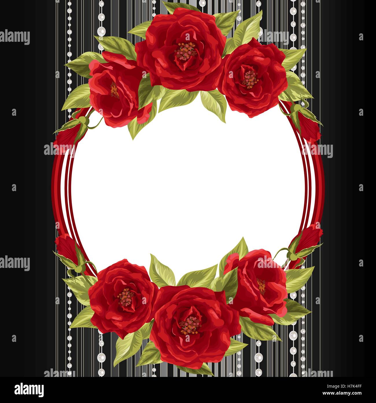 Bastidor con delicadas rosas rojas sobre un fondo negro con rayas y perlas.  Ilustración vectorial para la tarjeta de felicitación o invitación de  Imagen Vector de stock - Alamy