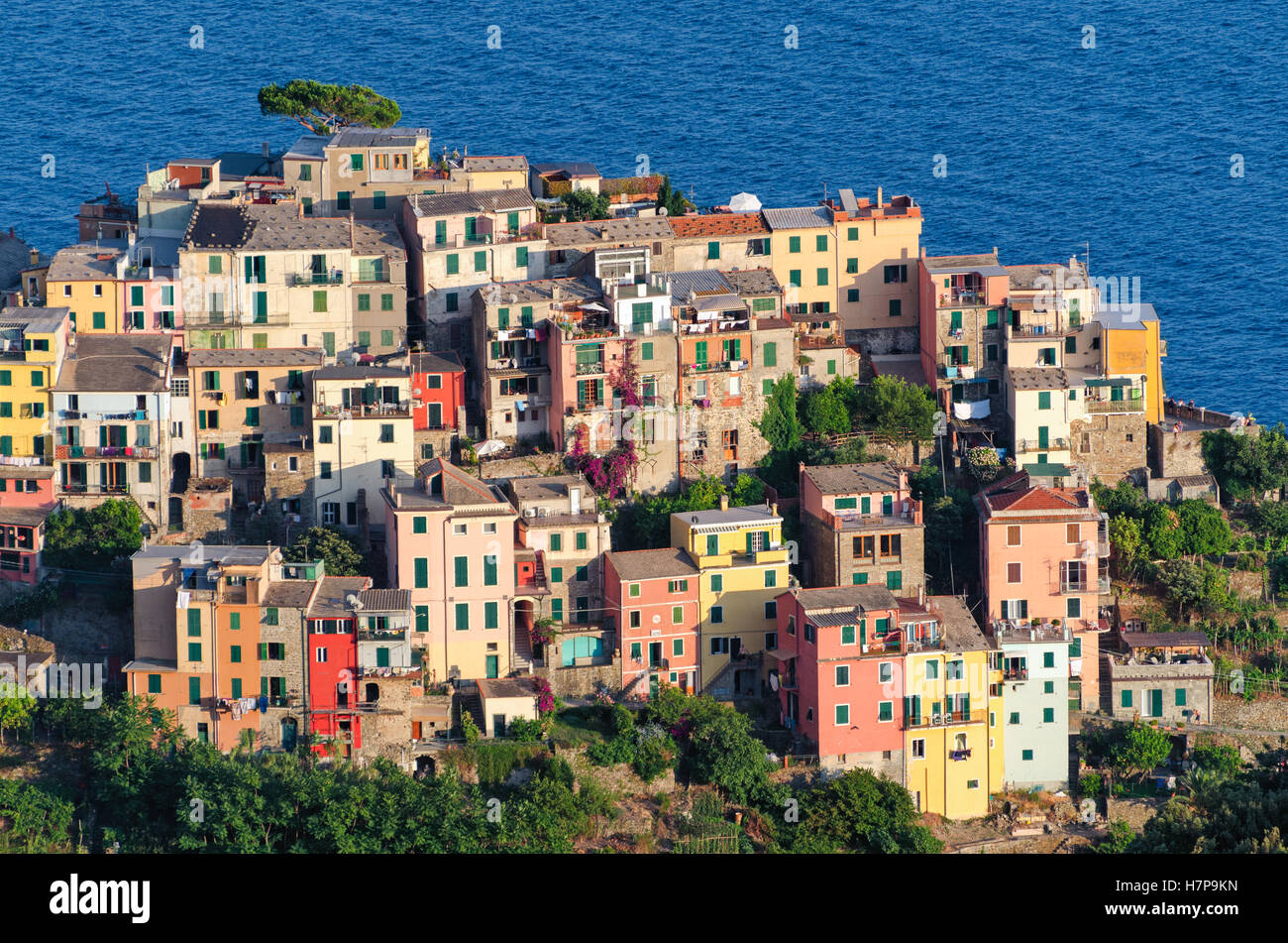 Corniglia (Cinque Terre) vista panorámica al atardecer Foto de stock