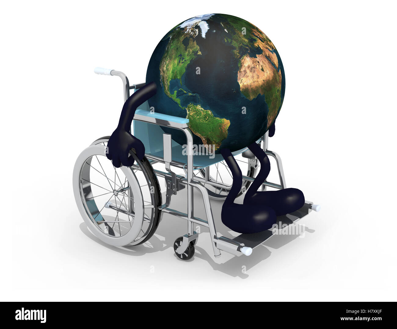 Planeta Tierra con los brazos y las piernas en una silla de ruedas aisladas ilustración 3d. Los elementos de esta imagen proporcionada por la NASA. Foto de stock