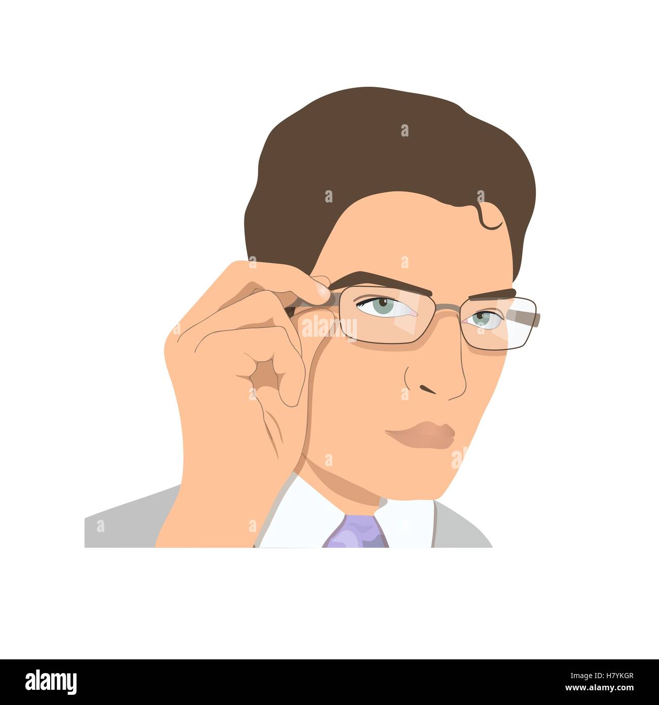 Cara de un joven con gafas. Empresario reorganizar espectáculos. Ilustración del Vector