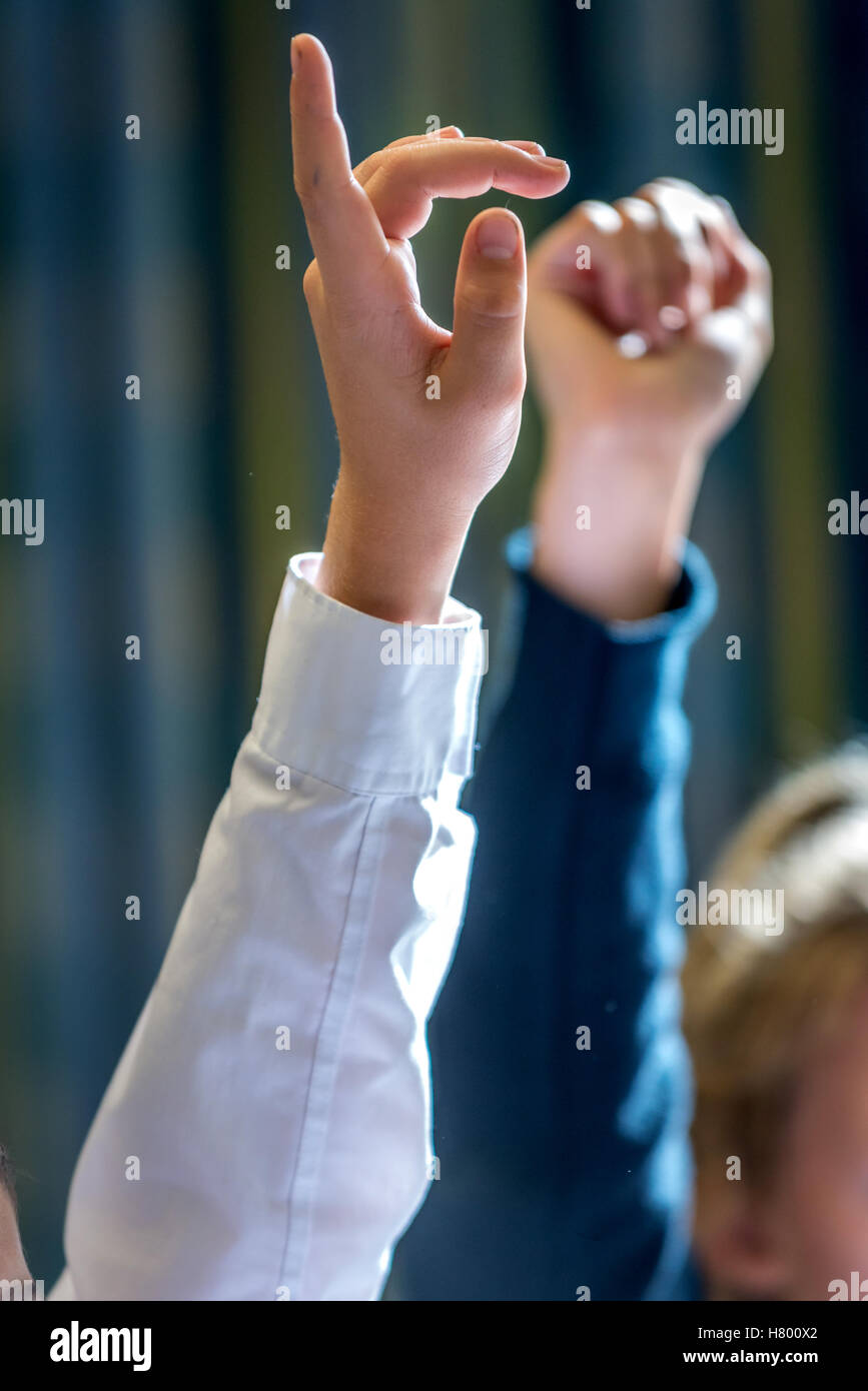 Los niños levantan la mano en clase para hacer una pregunta del maestro. Foto de stock