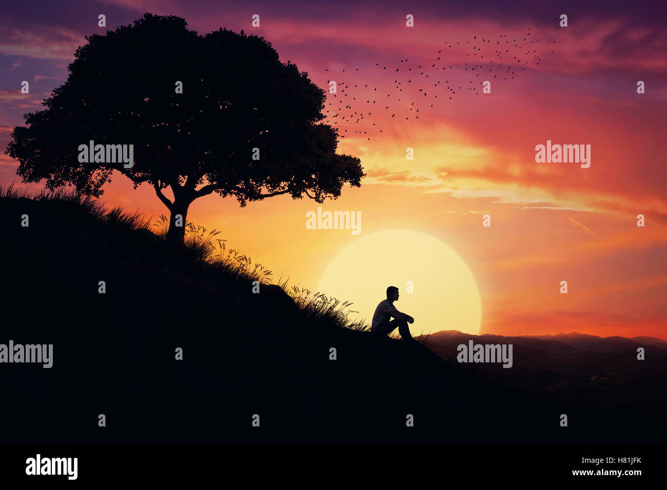 Muchacho sentado solo en una colina en el centro de la naturaleza, a través de una puesta de sol de fondo. Pie lejos de la muchedumbre, esperando la curación Foto de stock