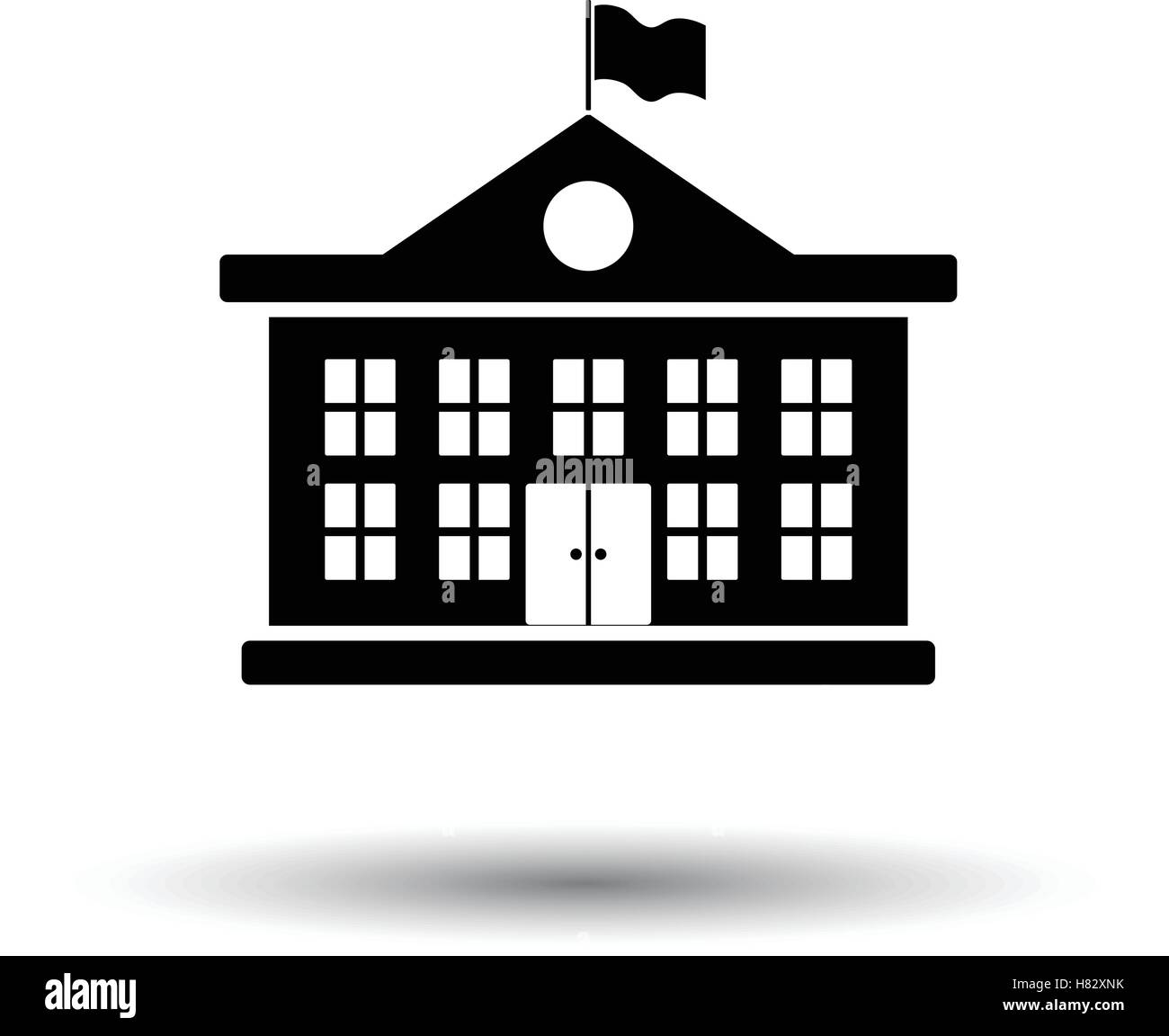 Icono del edificio de la escuela. Fondo blanco con diseño de sombra