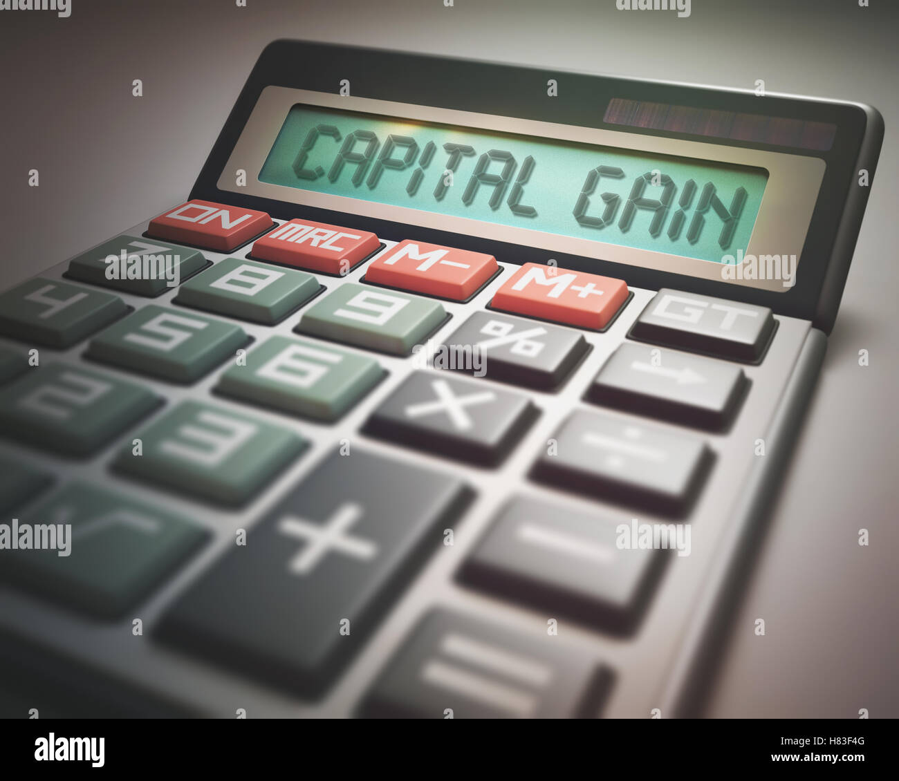 Calculadora solar con la palabra de las ganancias de capital en la pantalla. Ilustración 3D, imagen concepto de Negocios y Finanzas. Foto de stock