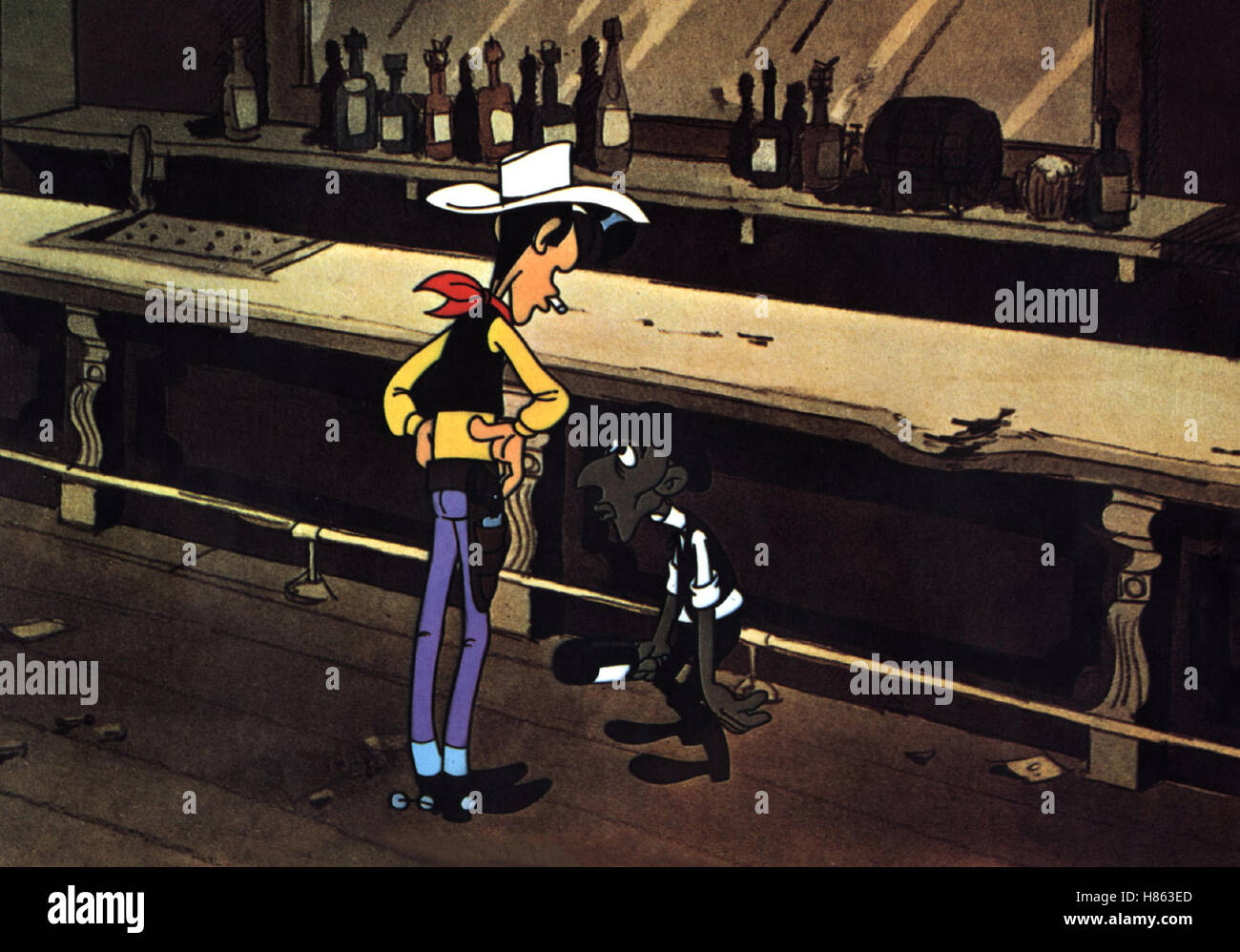 Lucky Luke - Daisy ciudad, (Lucky Luke - DAISY CIUDAD) BEL-F 1971, Regie: René Goscinny, Szene mit Lucky Luke, Stichwort: Bartresen, Revolverheld Foto de stock