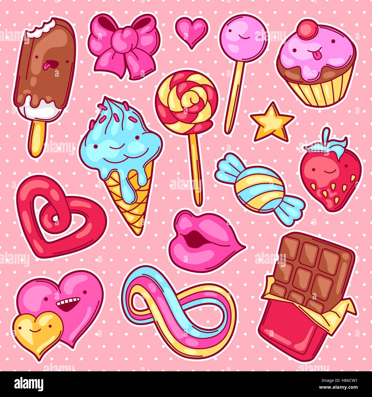 Conjunto de kawaii dulces y golosinas. Crazy sweet-cosas en el estilo de  dibujos animados Imagen Vector de stock - Alamy