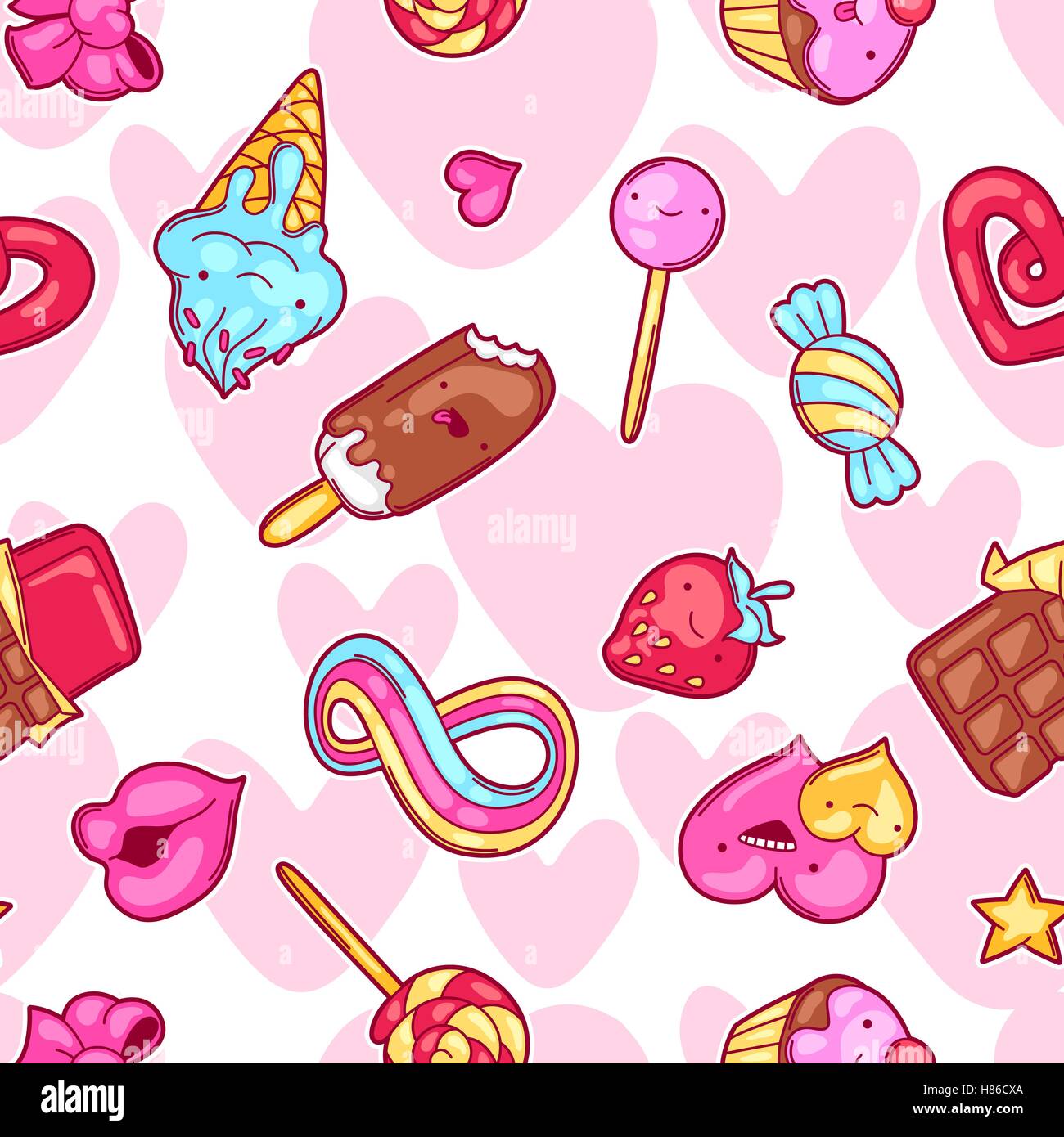 Patrón kawaii perfecta con dulces y golosinas. Crazy sweet-cosas en el  estilo de dibujos animados Imagen Vector de stock - Alamy