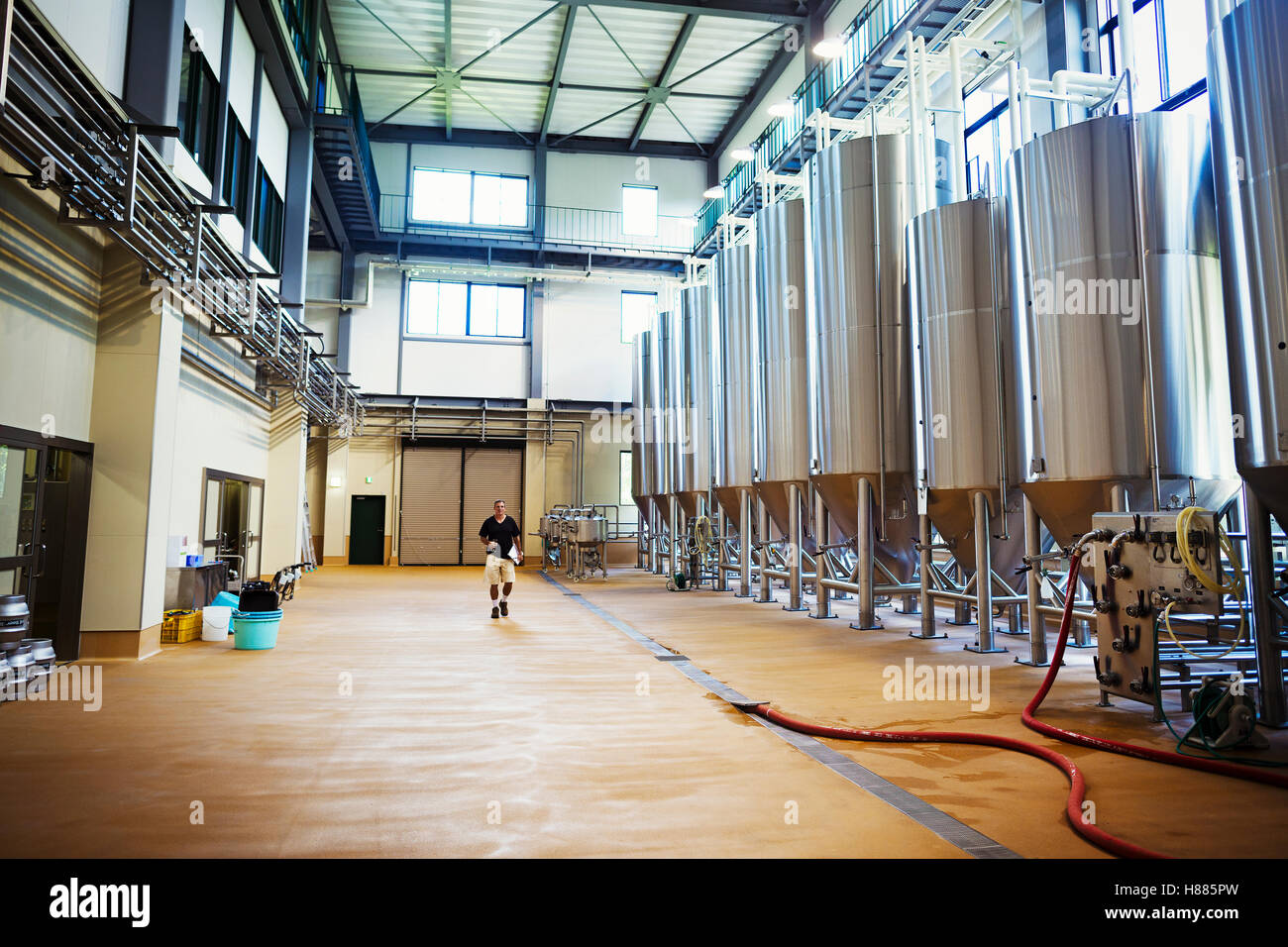 Vista interior de una cervecería con una fila de tanques de cerveza de metal. Foto de stock