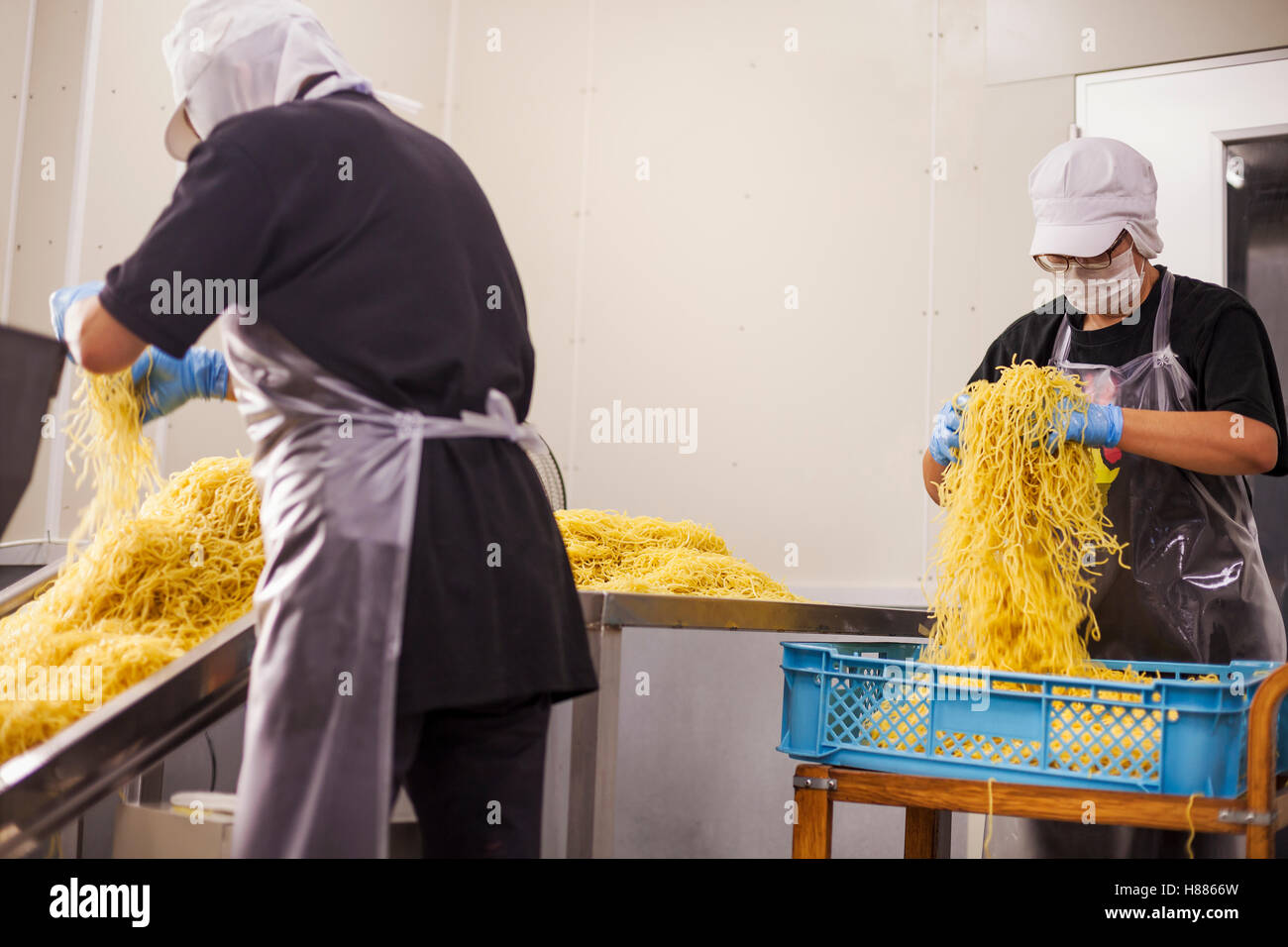 Los trabajadores de los delantales y sombreros recoger fideos recién cortadas de la correa transportadora para empaquetar y vender. Foto de stock