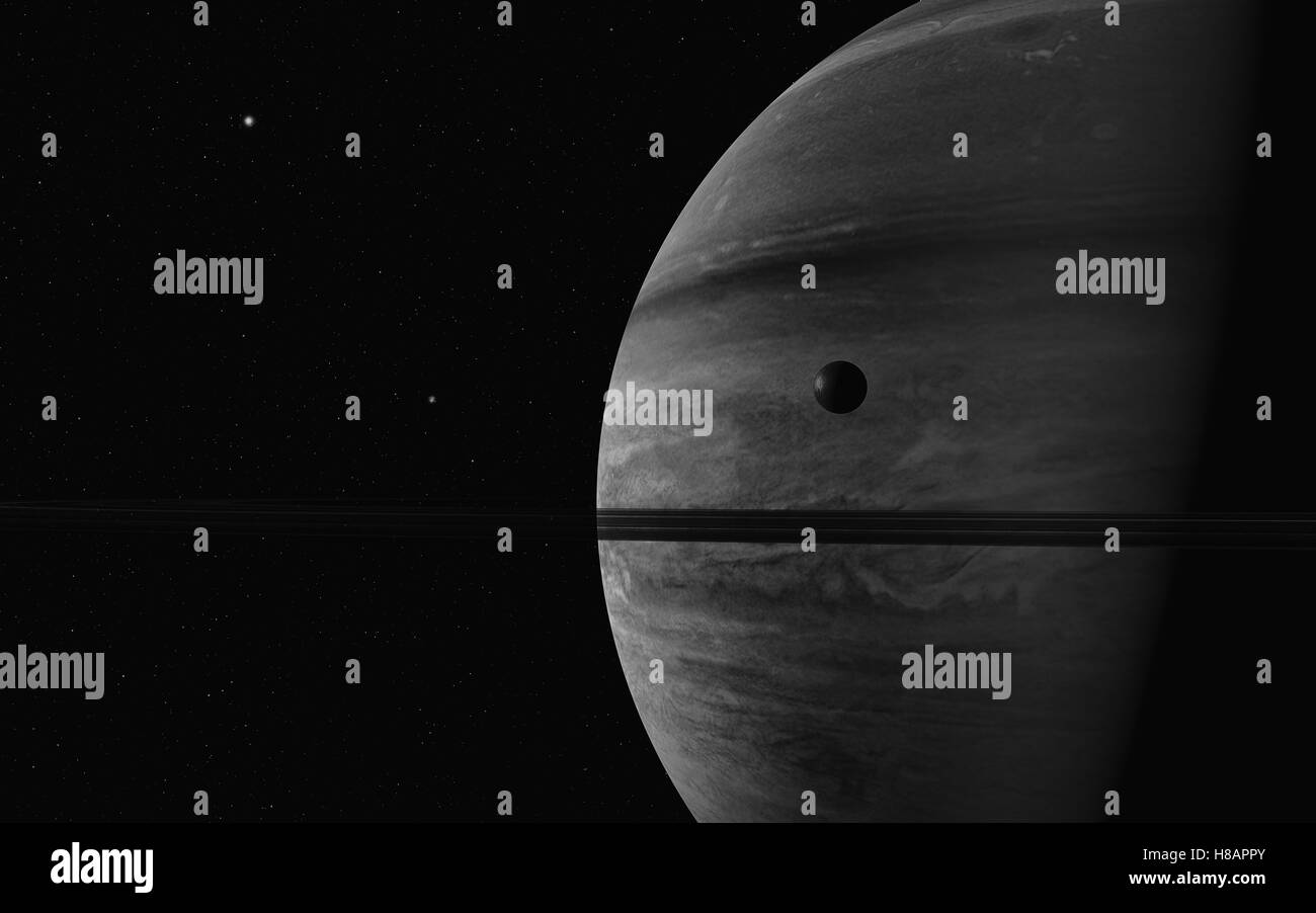 Planeta Saturno junto con su luna rhea, cerrar 3D rendering Foto de stock