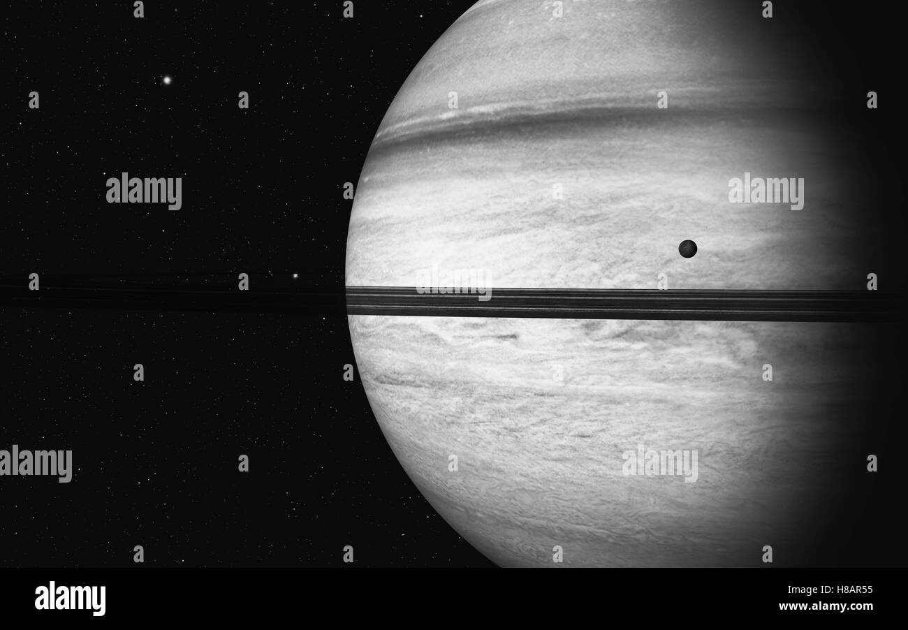 Planeta Saturno junto con su luna rhea, cerrar 3D rendering Foto de stock