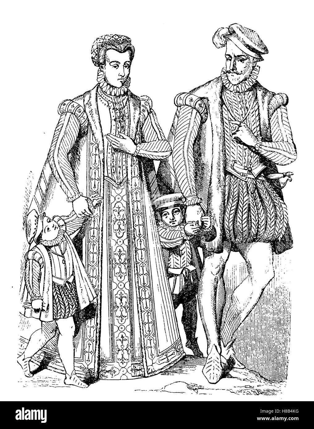 Noble traje francés en el año 1565, la historia de la moda, vestuario historia Foto de stock