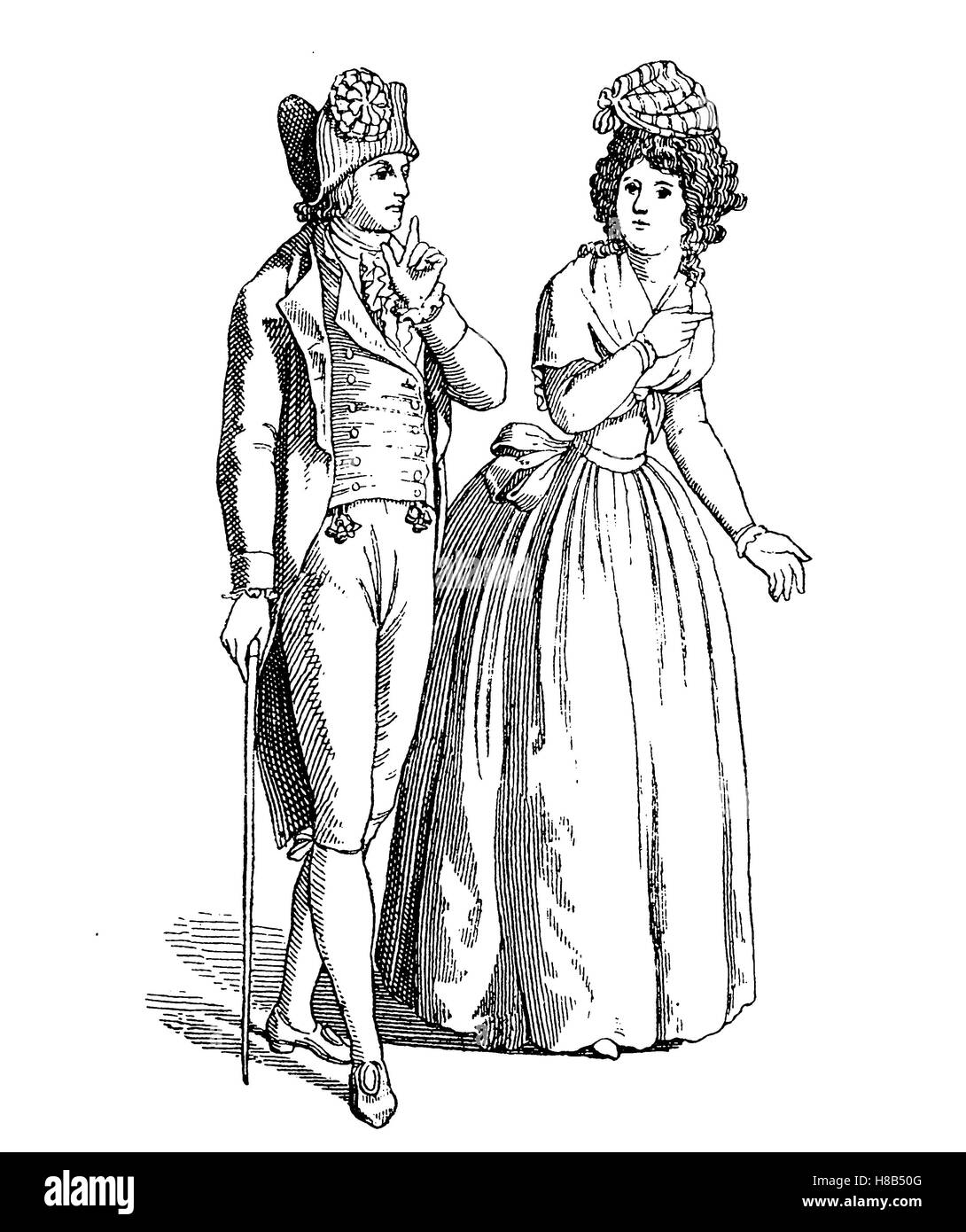 Traje alemán, el hombre y la dama en el año 1785, dos piezas hat a l' Androsmane, Historia de la moda, vestuario historia Foto de stock