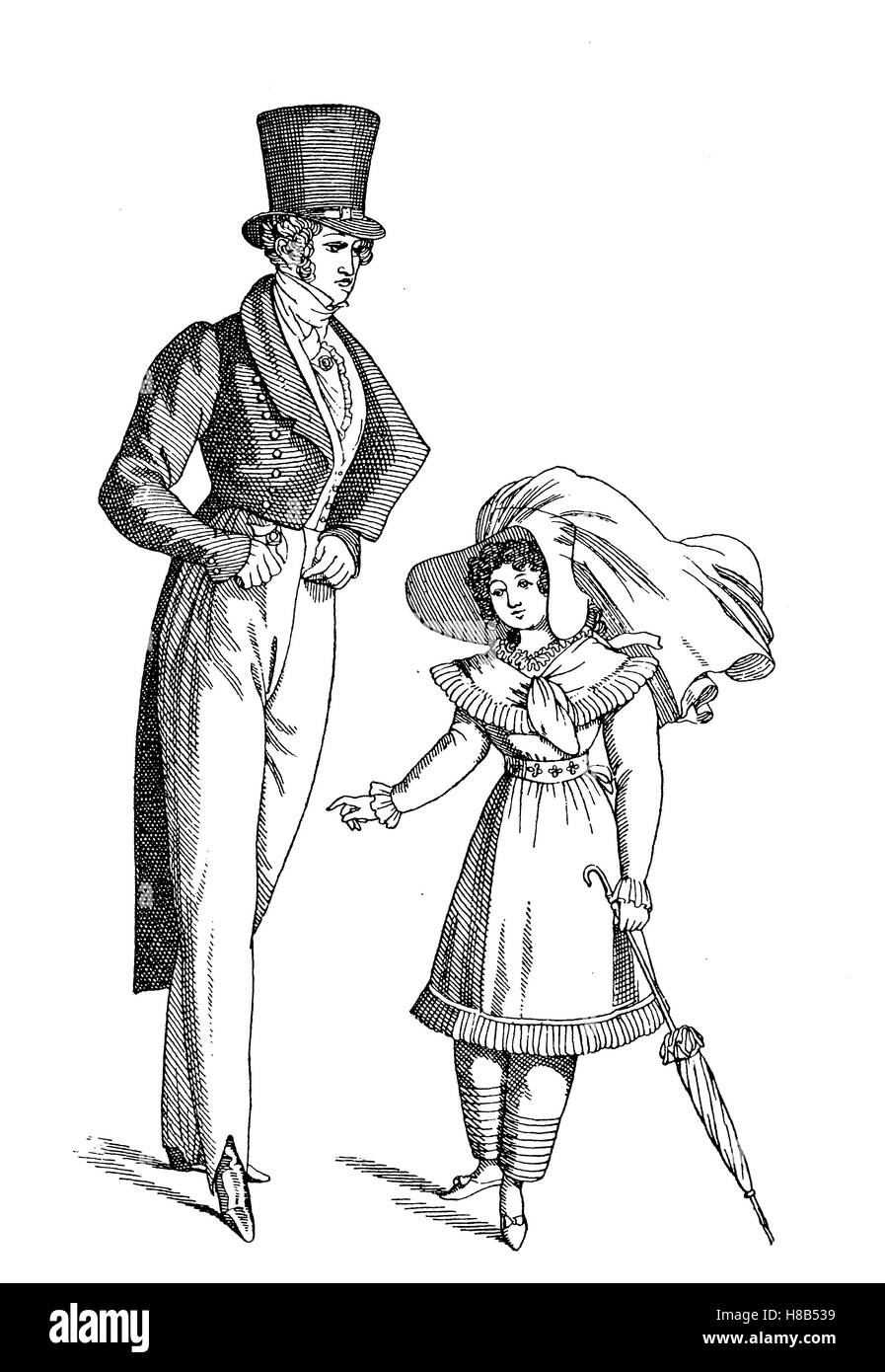 Hombre und Girl, 1821, Francia, Mann con Nankinghose, Tagestracht, Historia de la moda, vestuario historia Foto de stock