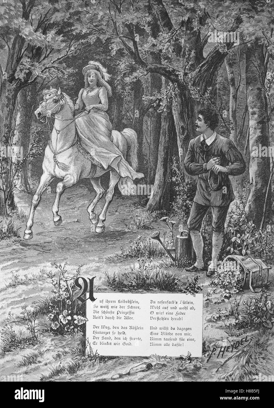 La corte jardinero está en el amor con el amante, montando a caballo por el bosque, Xilografía de 1892 Foto de stock
