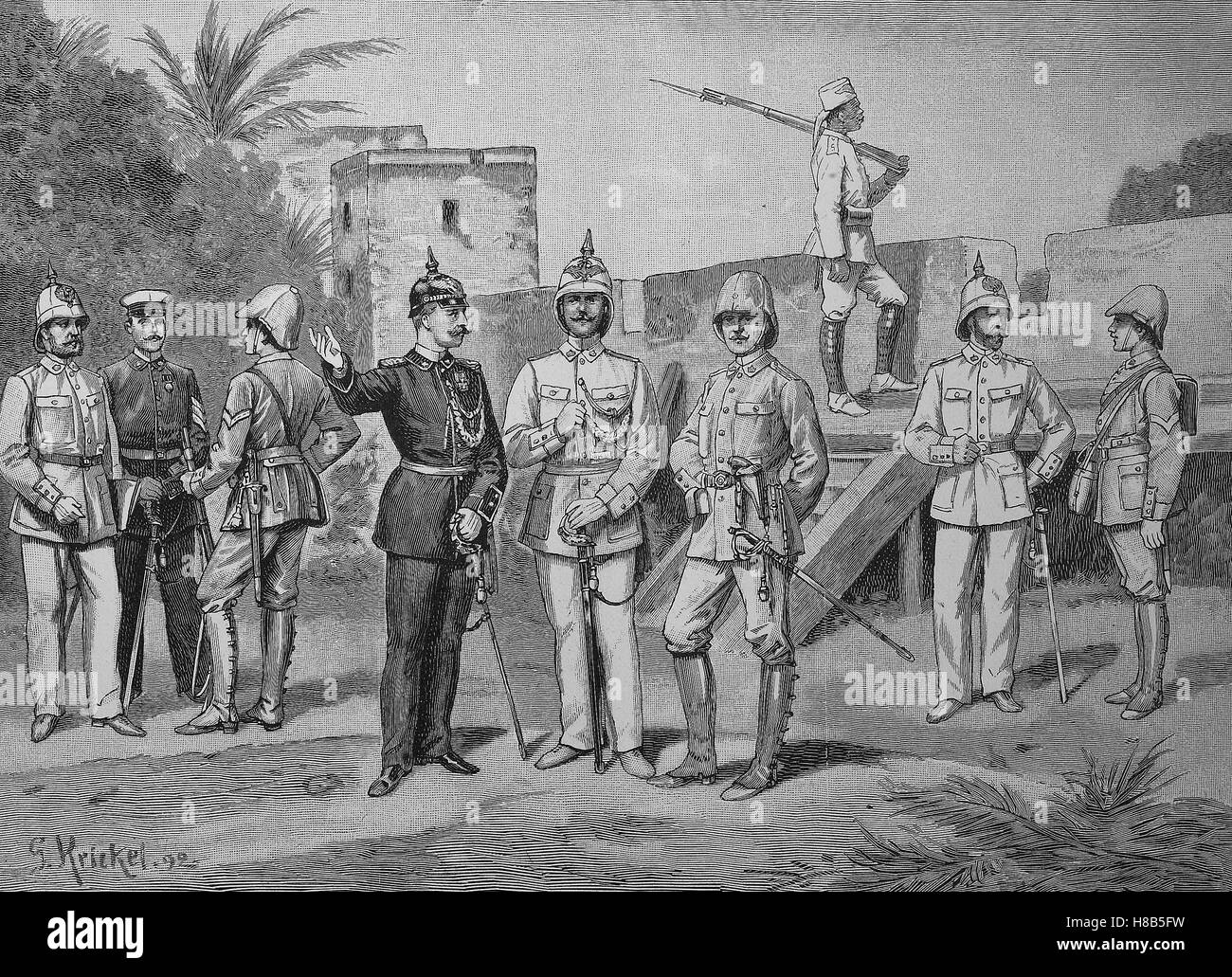 El nuevo uniforme de la fuerza de protección de África German-East, Xilografía de 1892 Foto de stock